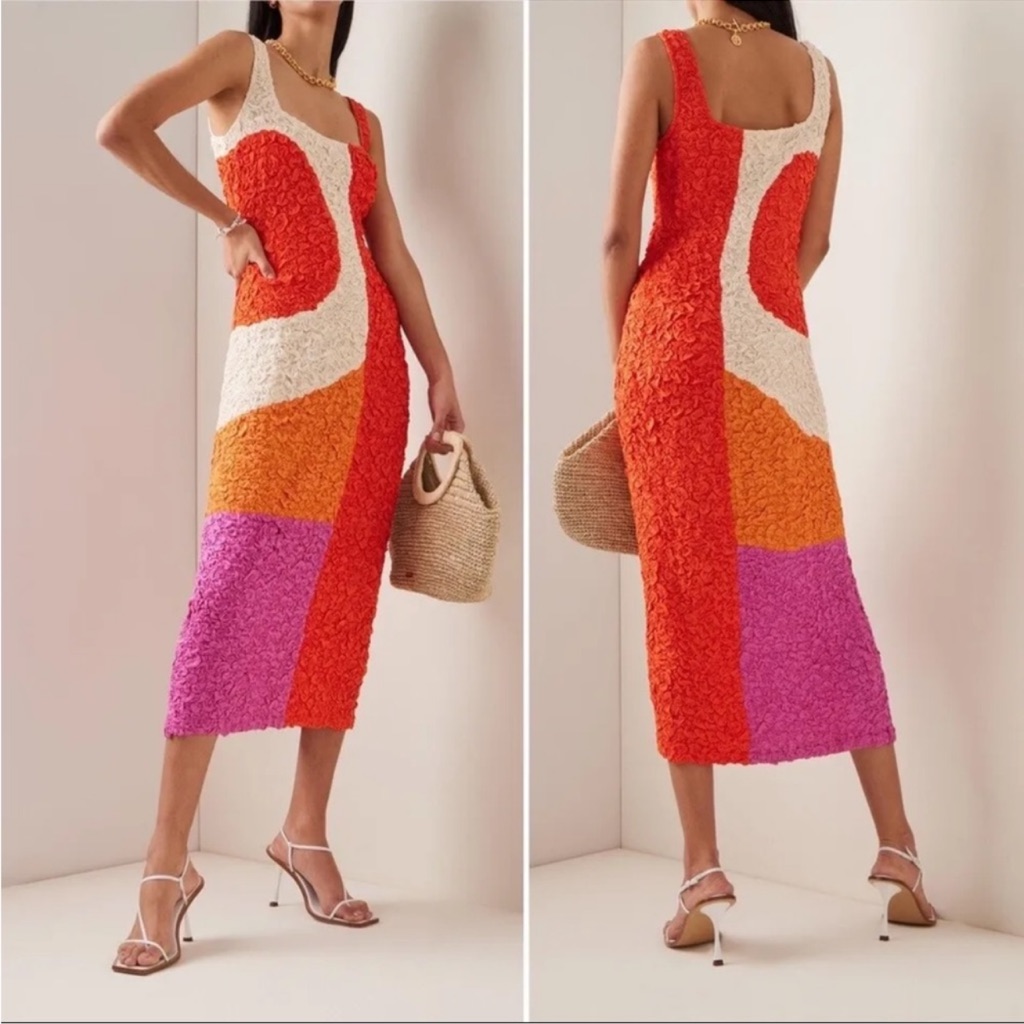 Mara Hoffman Sloan Orange Multi Color Colorblock Popcorn Midi Dress Size 2x